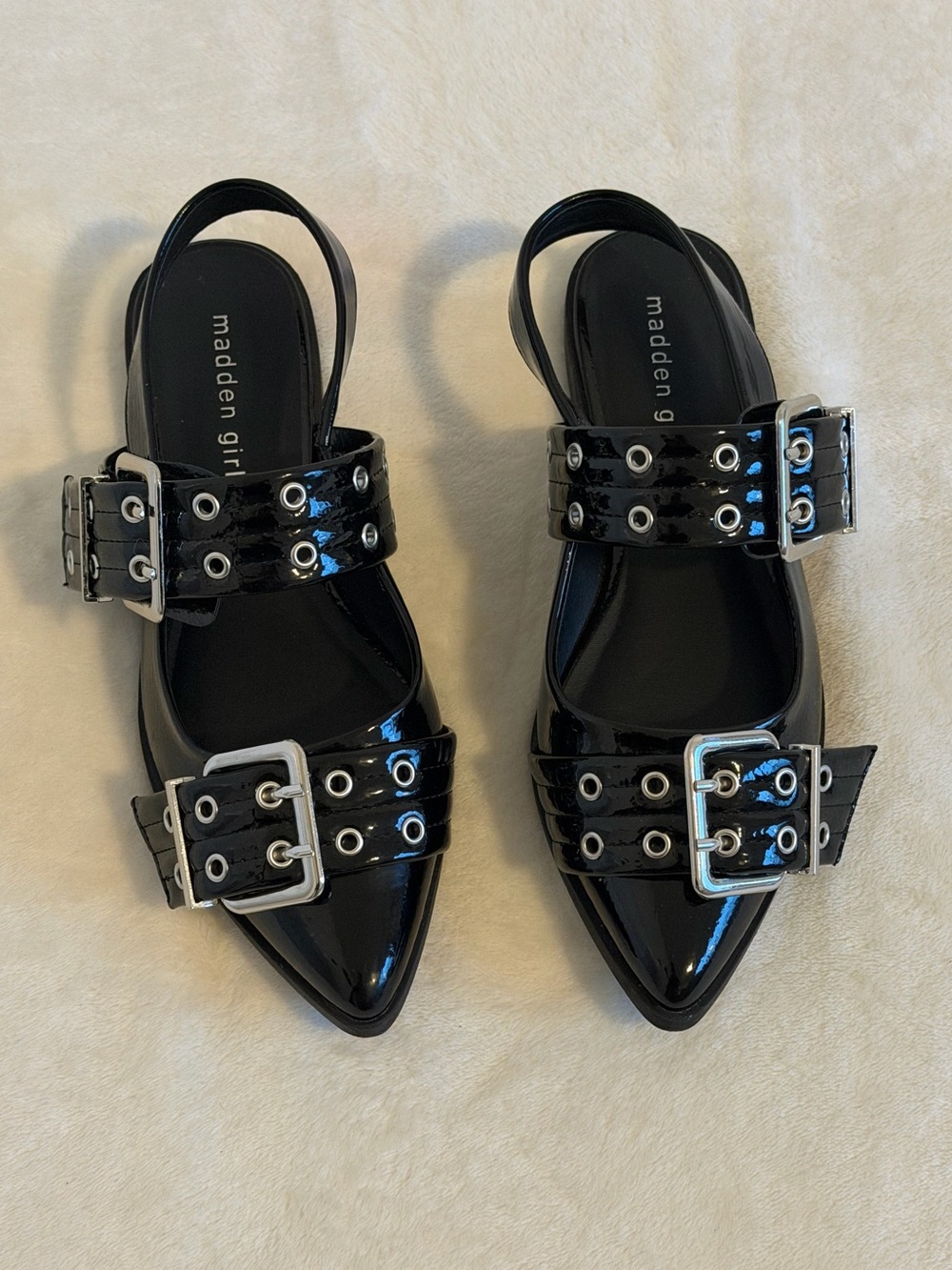 Madden Girl Sz 7.5 Black Patent Pointed Slingback Buckle Flats w/ Grommet Straps